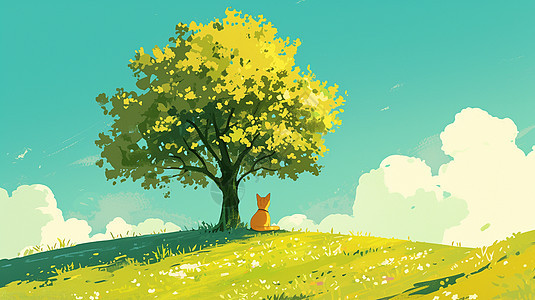 绿色山坡上一棵大树下一个可卡通小猫在乘凉图片