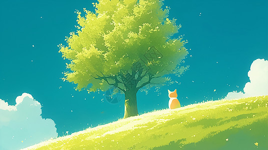 绿色山坡上一棵大树下一个可爱的小猫在乘凉图片