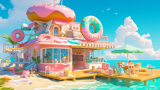 金色大海金色沙滩上一个可爱的卡通甜品屋插画