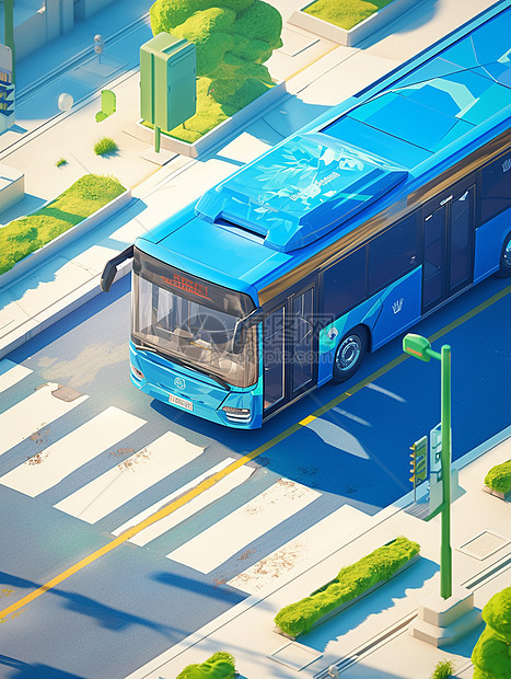 蓝色的卡通巴士行驶在城市中的公路上图片