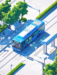 蓝色长长的巴士行驶在城市中的公路上图片