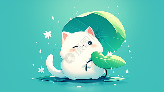 拿着伞的可爱卡通小白猫图片