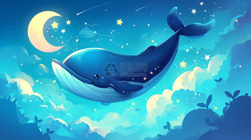夜晚在空中飞游的鲸鱼图片