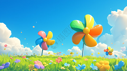 一大片草地上立体漂亮的彩色花朵插画