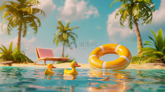 夏天蓝色清澈的大海里一个黄黄色游泳圈与小黄鸭图片