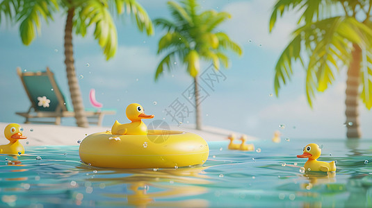 普陀岛夏天蓝色清澈的大海里一个黄色游泳圈与小黄鸭插画
