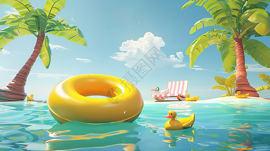 蓝色清澈的大海里一个黄色游泳圈与小黄鸭高清图片