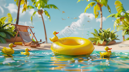清澈的大海边飘着一个黄色游泳圈与几只可爱的卡通小黄鸭图片