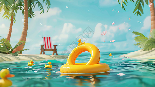 干净清澈的大海边飘着一个黄色游泳圈与可爱的卡通小黄鸭图片