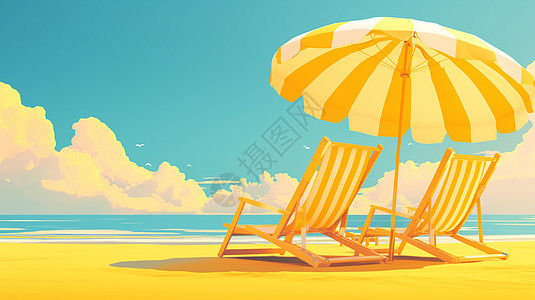金色沙滩上两把休闲椅上有一把大大的遮阳伞图片