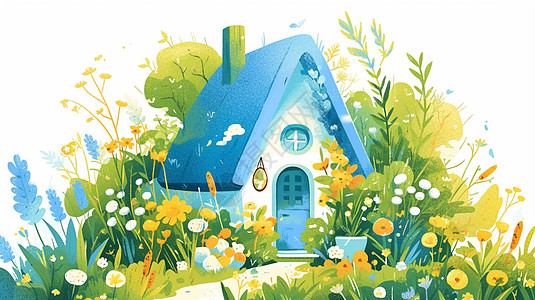 七叶草蓝色可爱的卡通小房子在绿色草丛中插画