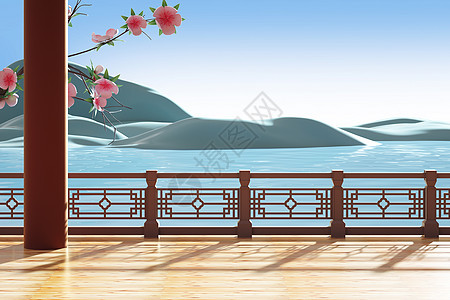 中式水面场景背景图片