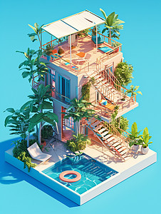 有户外游泳池的卡通多层别墅背景图片