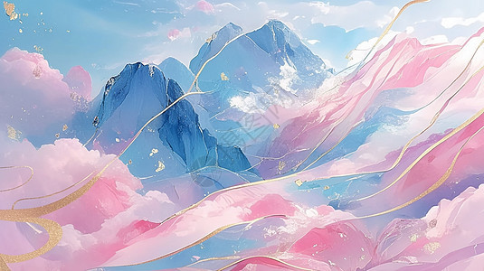 粉色云朵围绕着大山飘着抽象金色丝带卡通风景图片