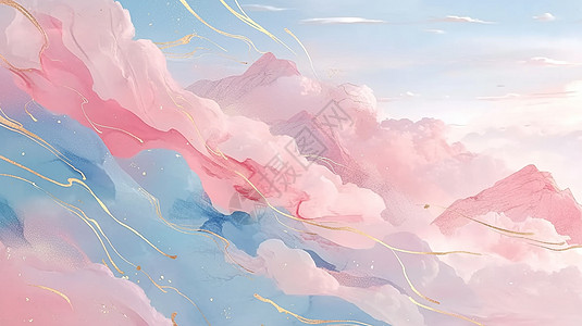 粉色丝带背景粉色云绕着大山飘着抽象金色丝带卡通风景插画