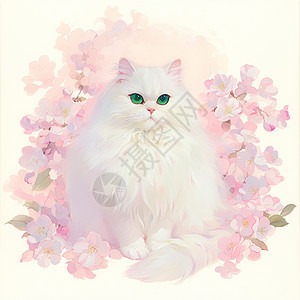 盛开的粉色桃花中的白色卡通猫图片