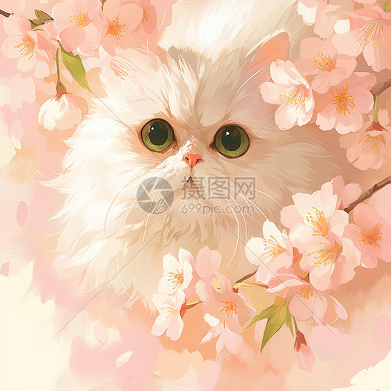 在粉色桃花中的白色卡通猫图片