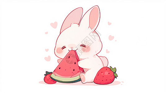 在开心吃西瓜的可爱卡通小白兔高清图片