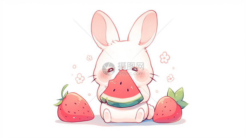 正在吃西瓜的可爱卡通小白兔图片