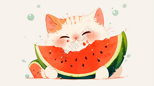 正在吃美味西瓜的卡通小猫图片