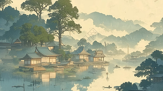 唯美的卡通古镇山水风景画插画