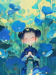 下雨在蓝色花丛中的古风优雅的卡通小女孩图片