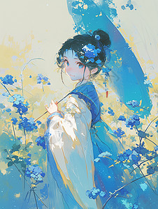 在蓝色花丛中的古风优雅的卡通小女孩图片
