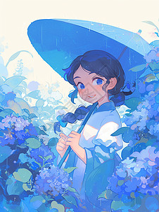 下雨在蓝色花丛中的优雅的卡通小女孩图片