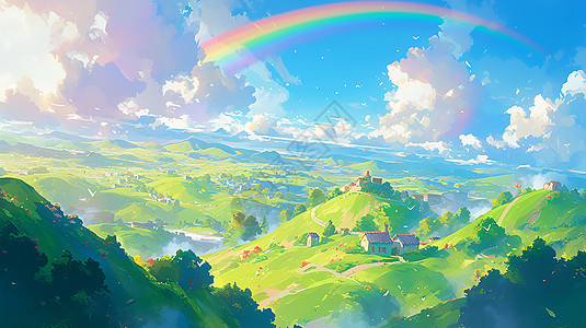 绿色清新的山坡上几座小村庄天空上挂着一道彩虹唯美风景插画图片