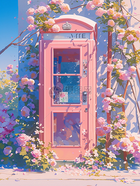 花丛深处藏着一个卡通粉色电话亭图片