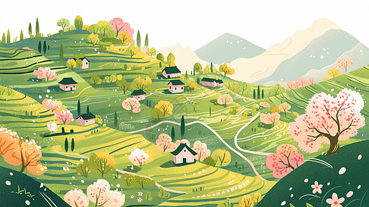 漫山遍野盛开着粉色桃花的卡通小村庄图片