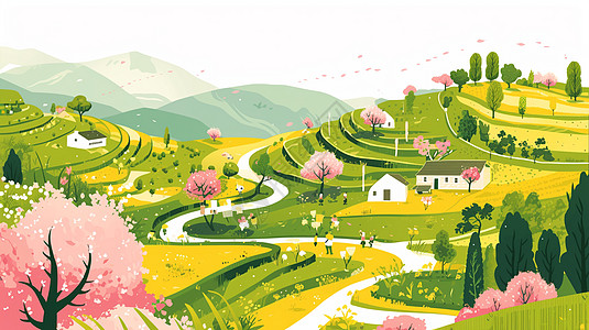山卡通漫山遍野盛开着桃花的卡通小村庄插画