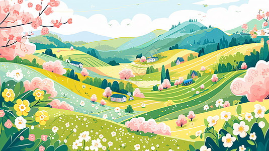 漫山遍野盛开着粉色桃花的卡通村庄图片