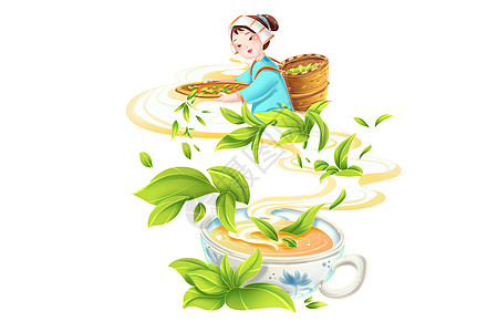 春茶上新春季茶文化采茶女茶杯茶叶装饰场景插画