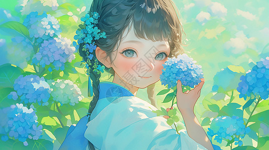 正在欣赏蓝色绣球花朵的古风漂亮女孩图片