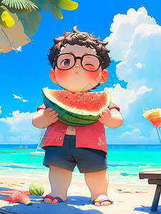 夏天正在开心吃西瓜的卡通小男孩图片