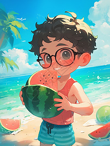 夏天正在开心吃西瓜的小男孩图片