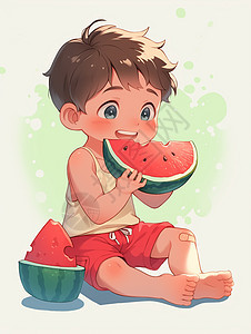 正在开心吃西瓜的卡通小男孩图片