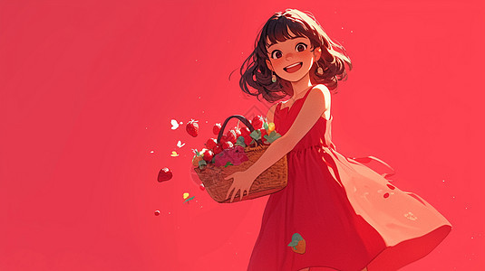 抱着一筐草莓开心笑的小女孩图片
