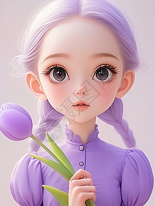 手拿着紫色花朵穿着紫色衣服的女孩图片