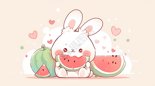 吃西瓜的卡通小白兔图片