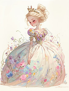 头上戴着皇冠穿着花朵公主裙的卡通女孩图片
