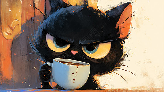 正在喝咖啡的卡通小黑猫高清图片