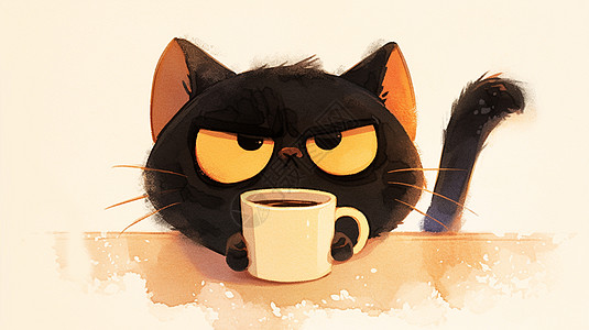 喝咖啡的卡通小黑猫高清图片