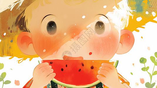 戴着大大的草帽安静吃西瓜的小男孩图片
