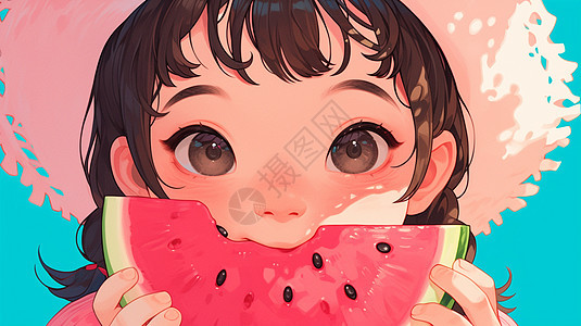 可爱的卡通小女孩在吃大大的西瓜图片