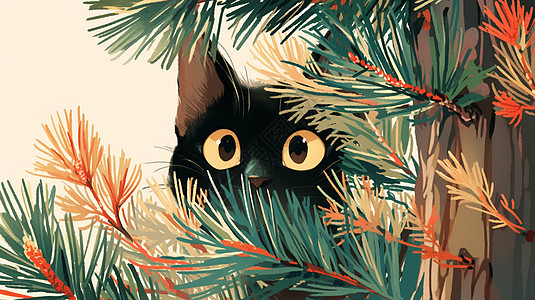 在松树后面可爱的卡通小黑猫图片