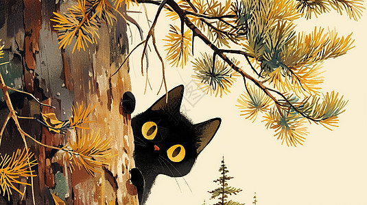 躲在松树后面的卡通小黑猫图片