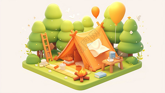 秋天卡通森林中的橙色卡通露营帐篷插画