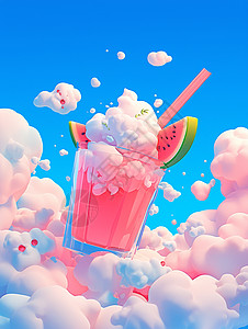 美味水果在空中云朵上一杯美味清凉的夏日水果饮品插画